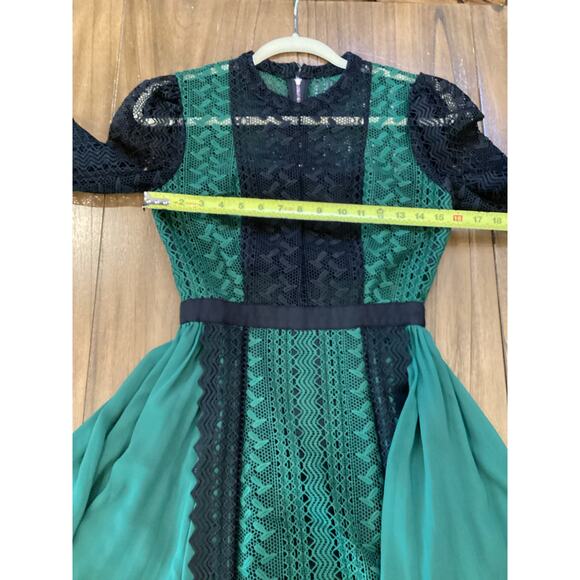 Self Portrait long sleeve mesh Green Lace pleated flare whimsygoth Mini Dress 4 - Picture 14 of 14